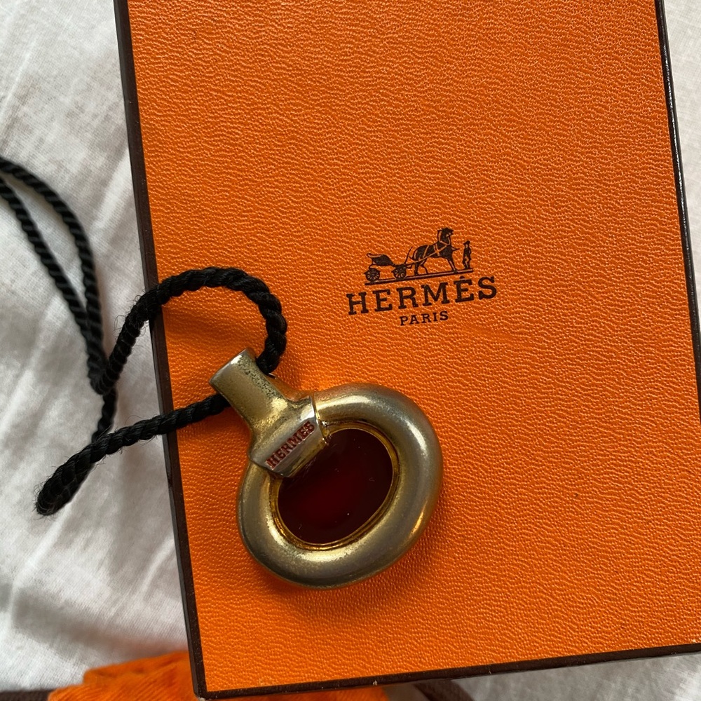 Hermes Vintage Bottle Gilded Pendant Necklace Silk Cord, France
